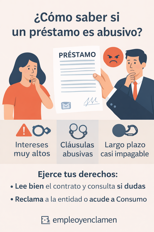 TAE 28%” en rojo y una balanza al lado con la palabra “Justicia”. Texto superior: “Préstamos abusivos: identifica, defiende, reclama.
